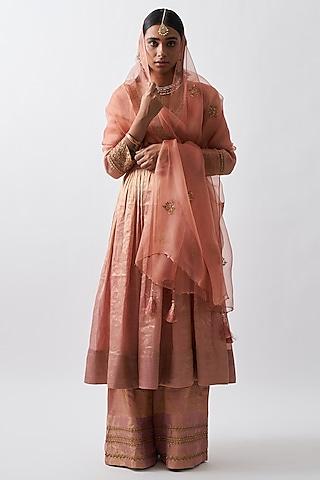 peach tissue chanderi anarkali set