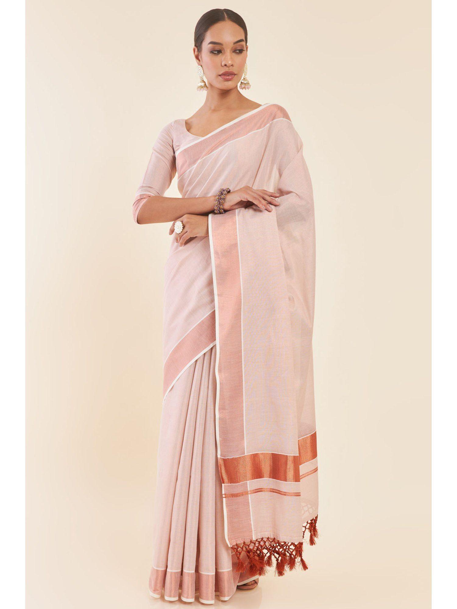 peach tissue kasavu saree with zari borders and unstitched blouse