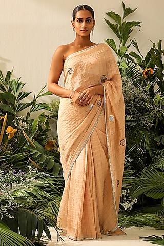 peach tissue organza striped & motifs embroidered saree set