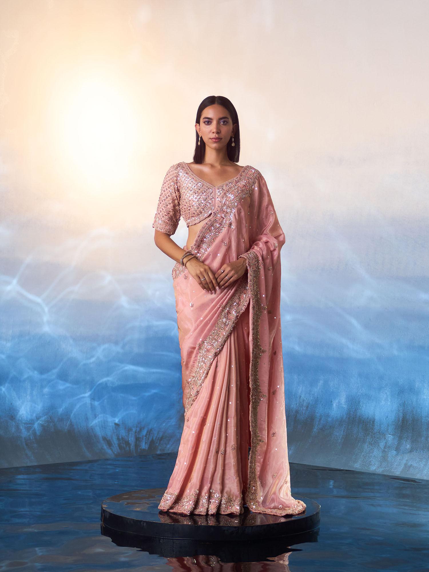 peach tissue saree with stitched blouse and petticoat