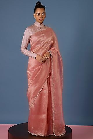 peach tissue silk cutdana hand embroidered saree set