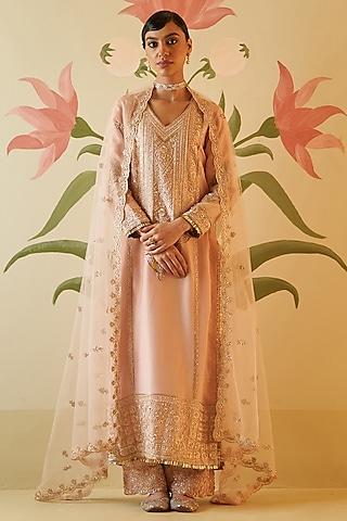 peach tissue zardosi embroidered kurta set