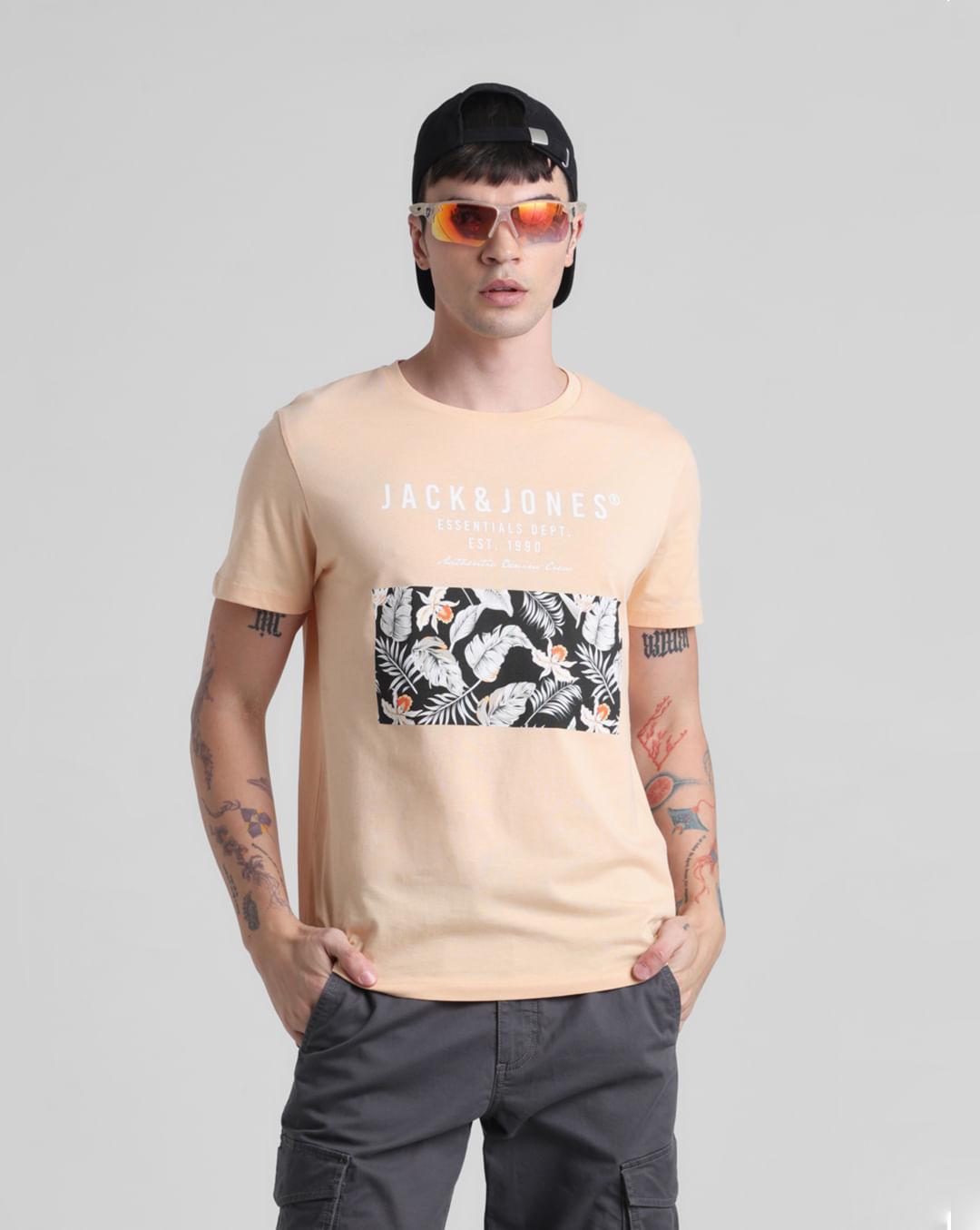 peach tropical print crew neck t-shirt