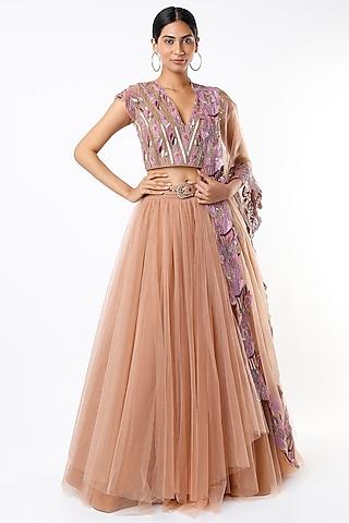 peach tulle lehenga set with belt