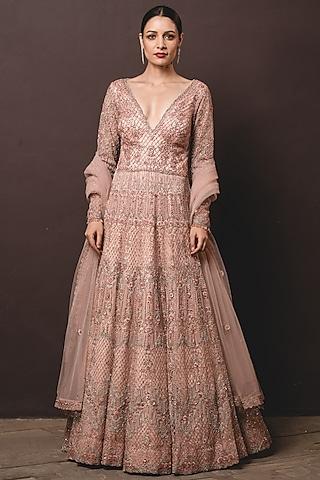 peach tulle thread embroidered gown with dupatta