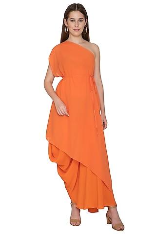 peach two layered one shoulder set with belt