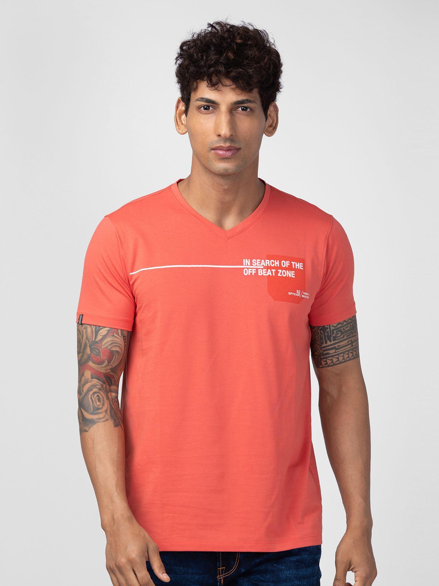 peach v neck half sleeves blended t-shirt for men