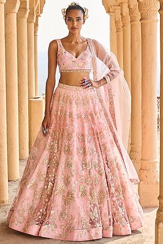 peach velvet embroidered & printed lehenga set