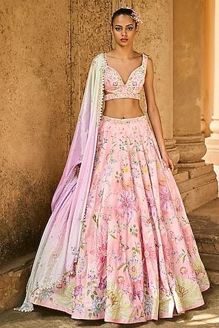 peach velvet embroidered lehenga set