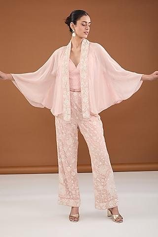 peach viscose organza applique embroidered cape set