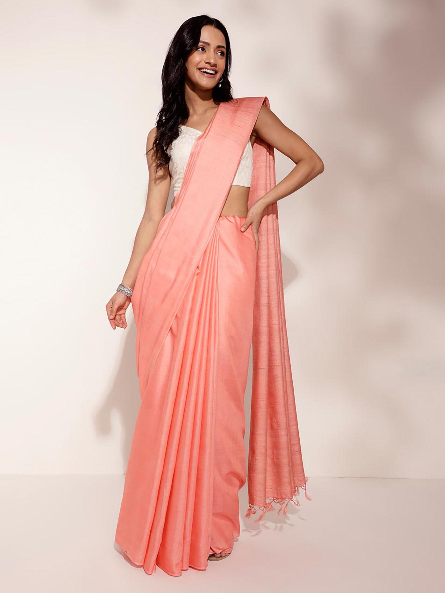 peach viscose silk woven saree without blouse