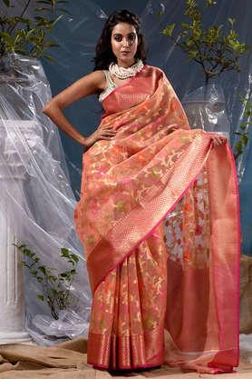 peach with gold zari woven organza silk saree with beautiful floral weave tilfi meena work pattern with blouse piece - pink