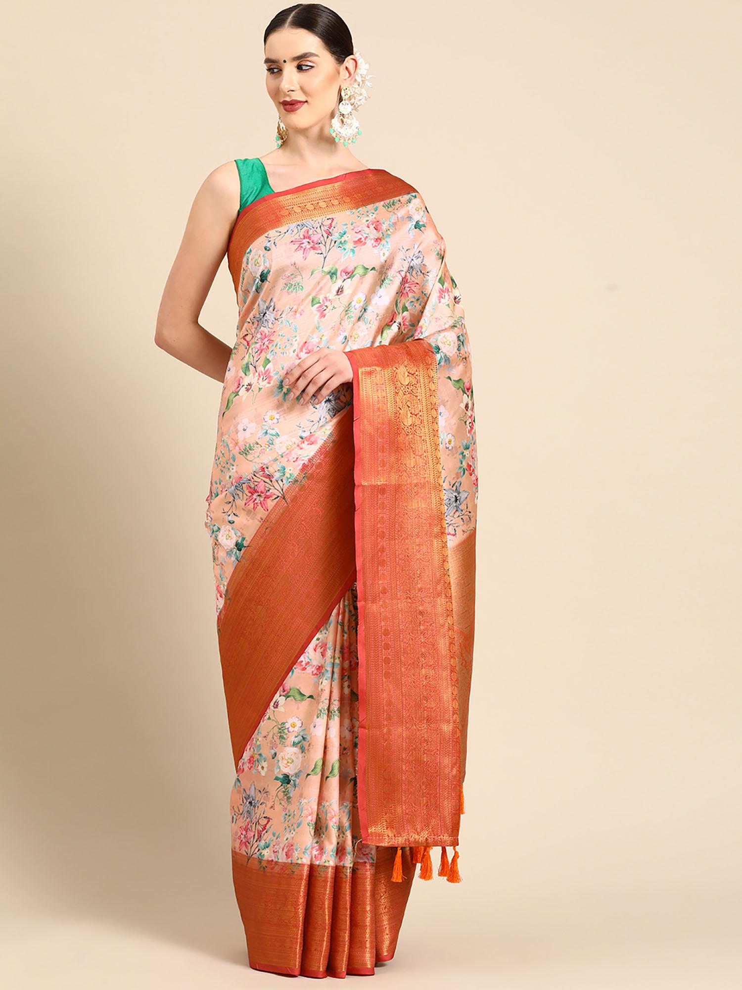 peach women art silk digital print saree with unstitched blouse