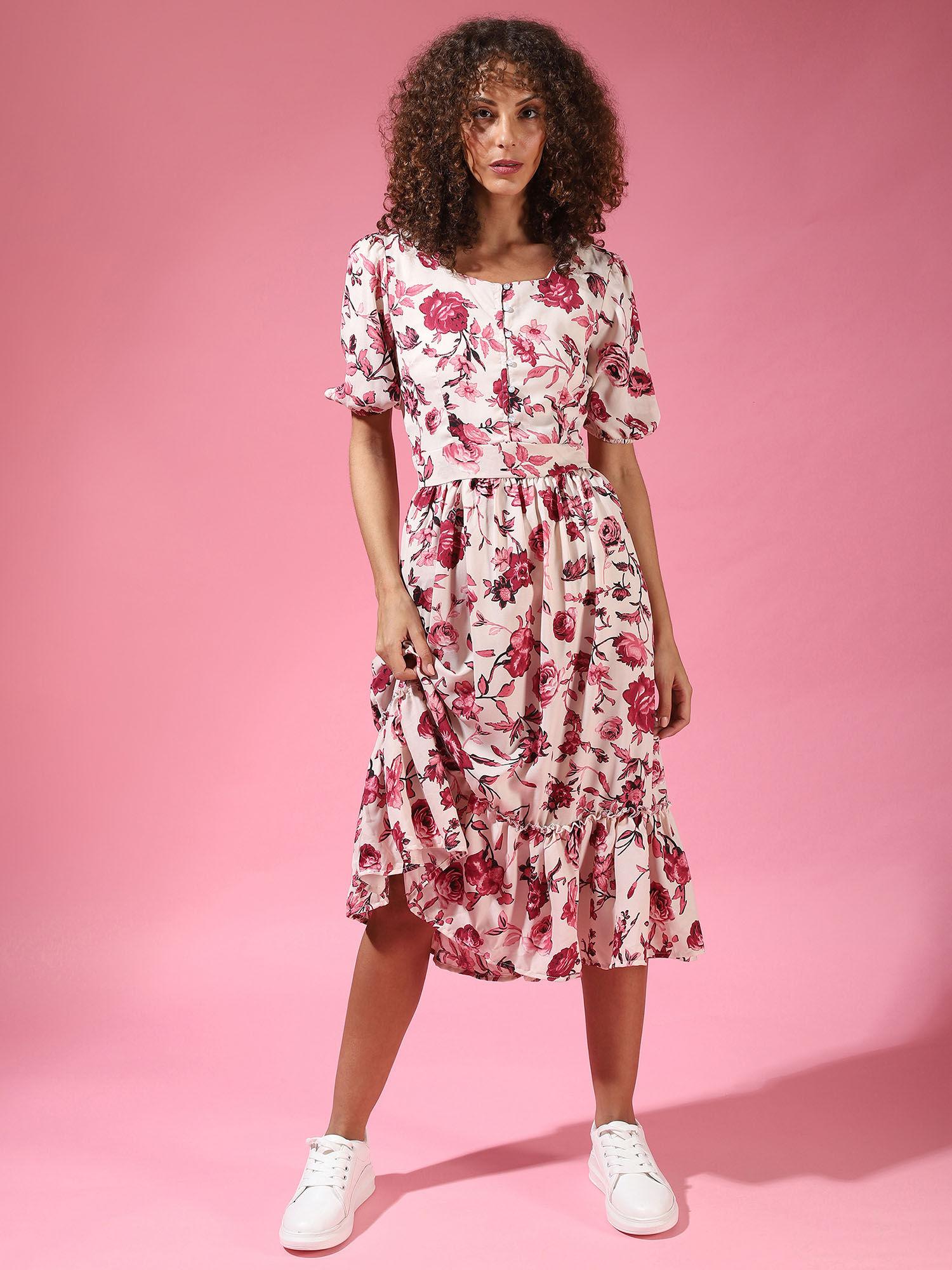 peach women stylish floral design casual dresses