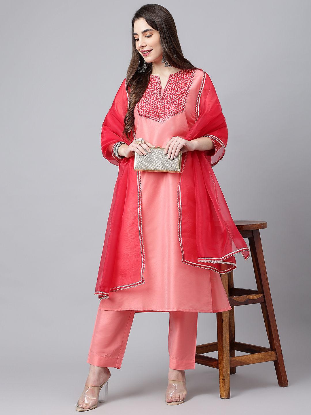 peach woven design embroidered straight kurta with solid trousers & dupatta (set of 3)