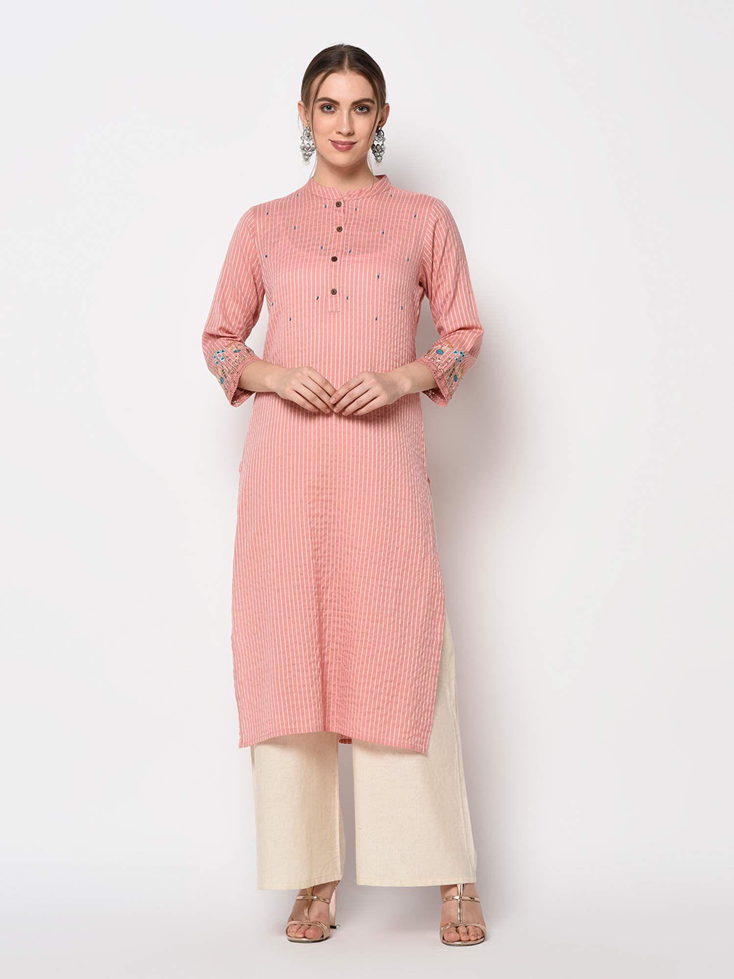 peach woven straight kurta with embroidered sleeves