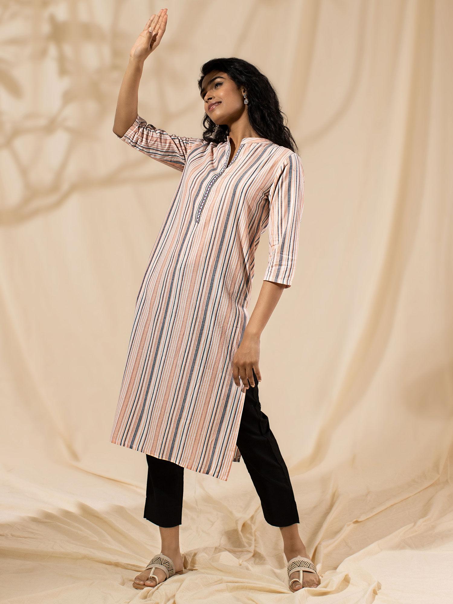 peach woven stripe kurta likkur41