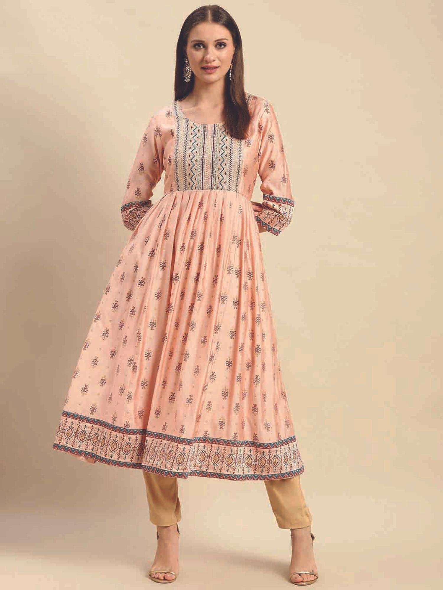 peach yoke embroidered ethnic print calf length anarkali kurta