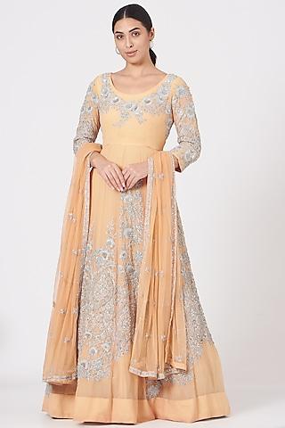 peach zardosi embroidered kalidar anarkali set