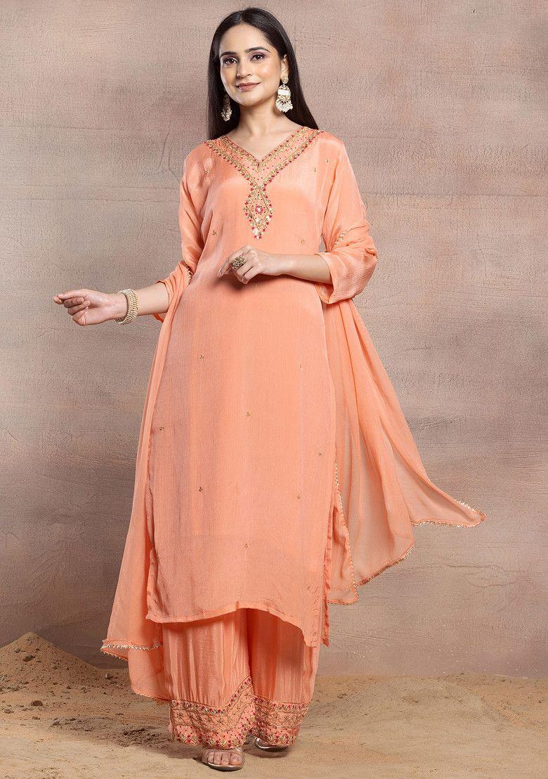 peach zari hand embellished kurta set with palazzo and dupatta