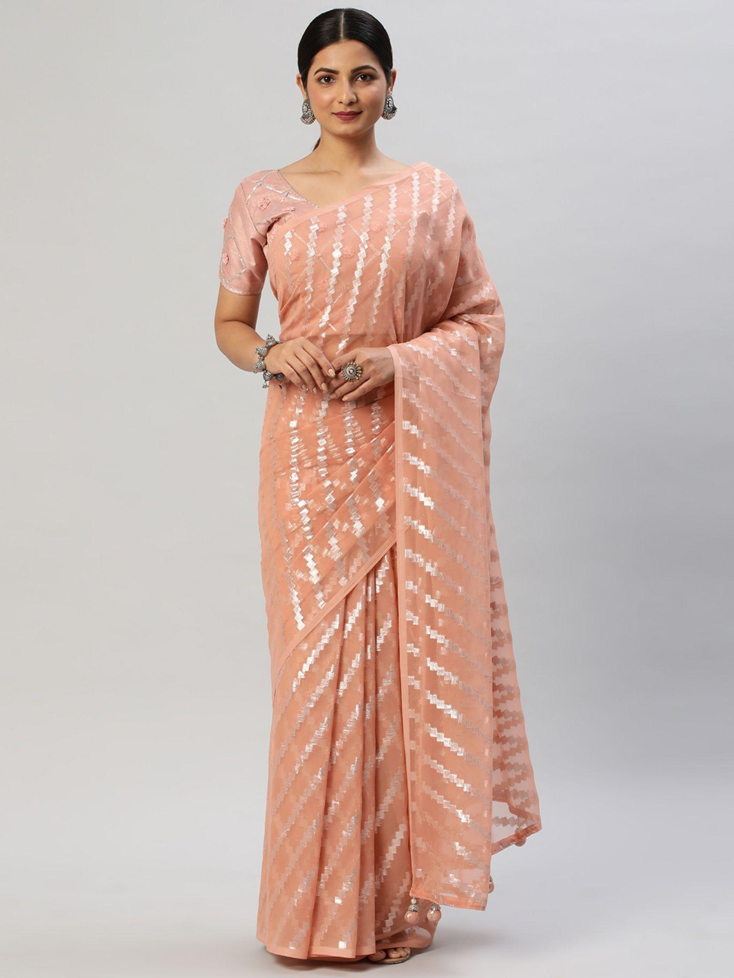 peach zari striped saree with unstitched blouse