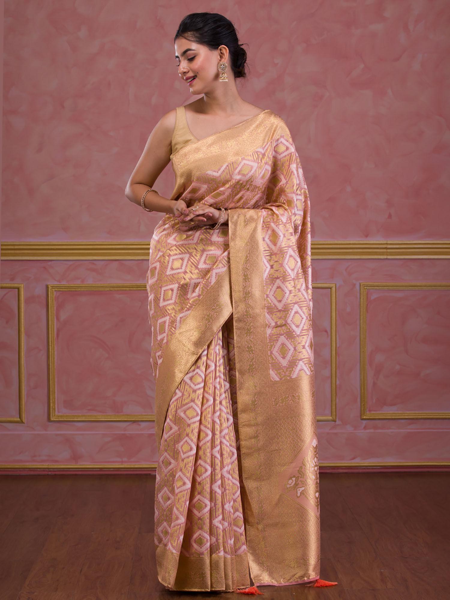 peach zari work brocade saree with unstitched blouse