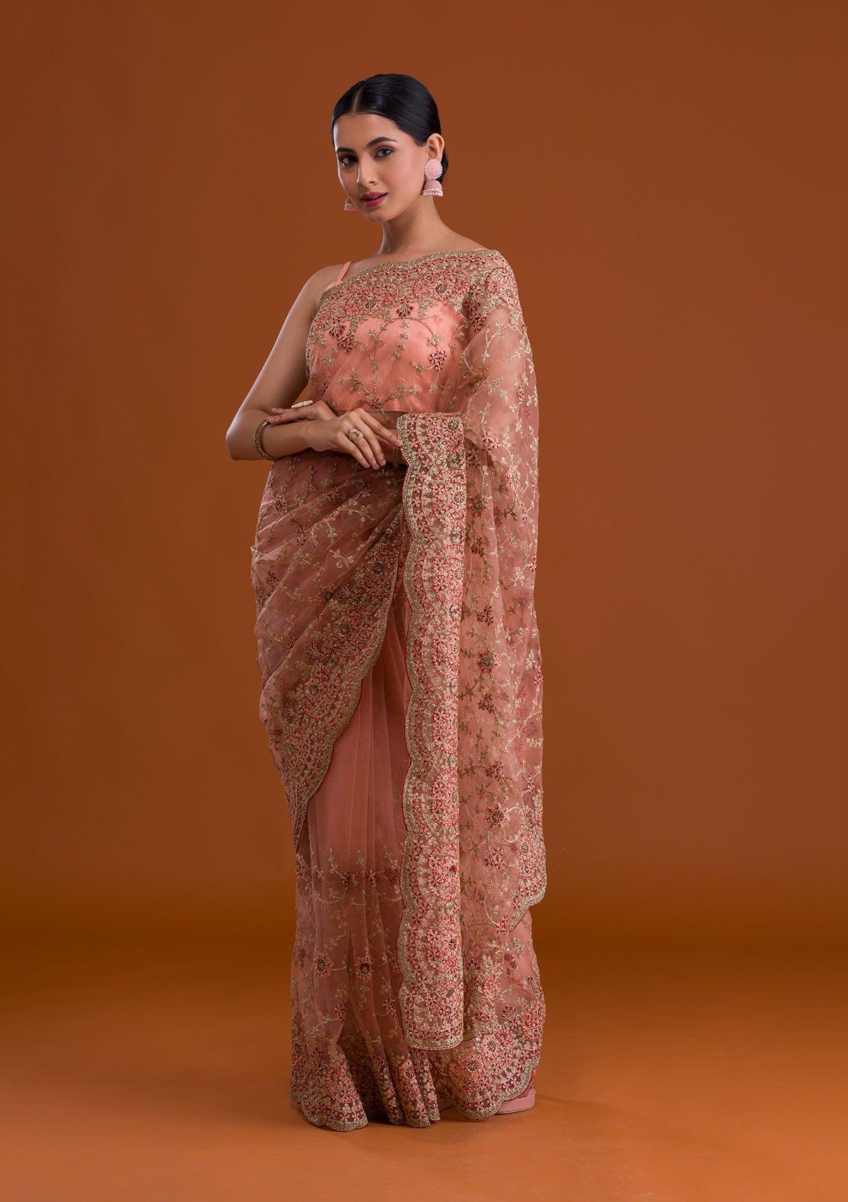 peach zariwork net designer saree