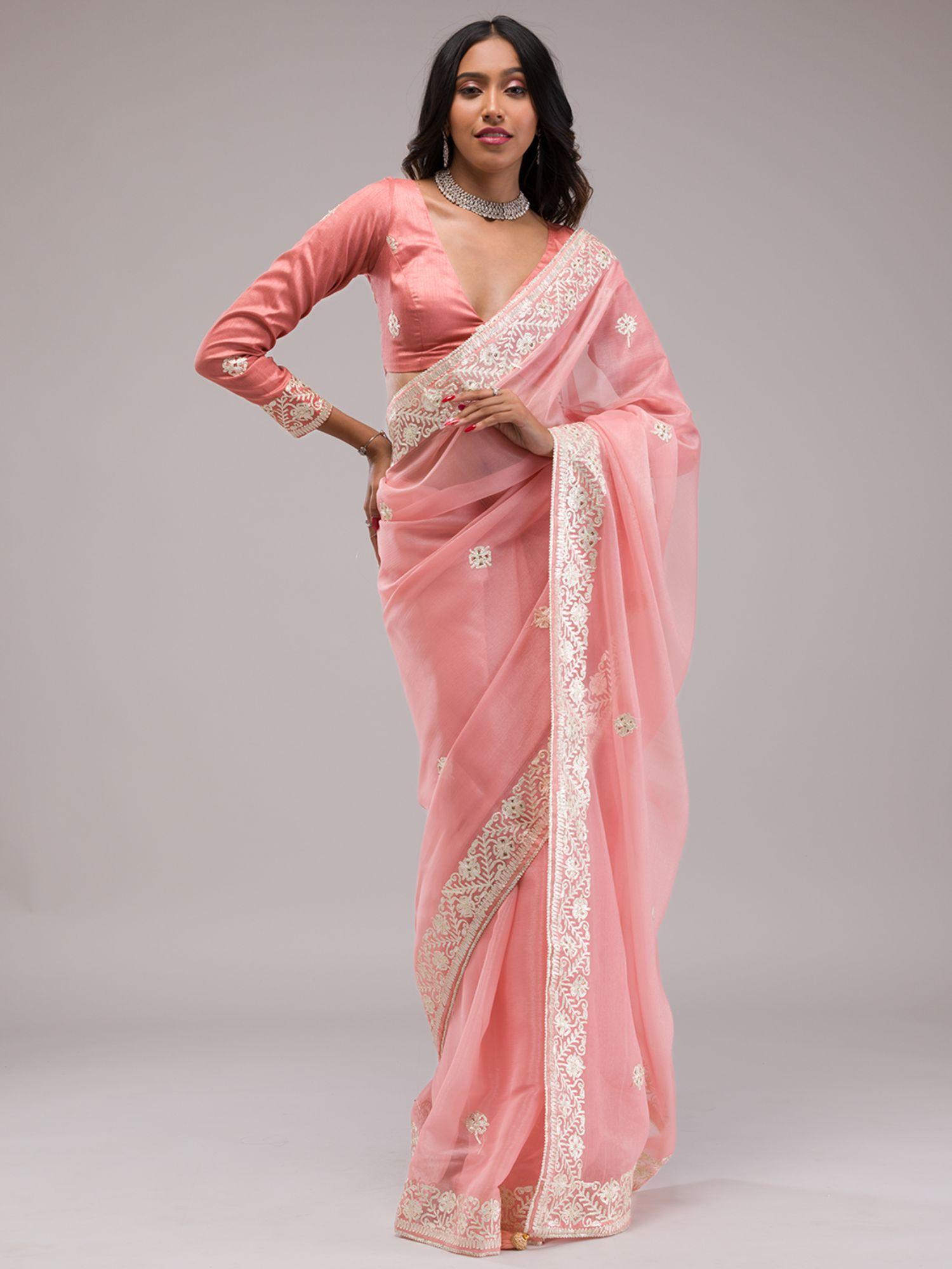 peach zariwork semi crepe saree with unstitched blouse