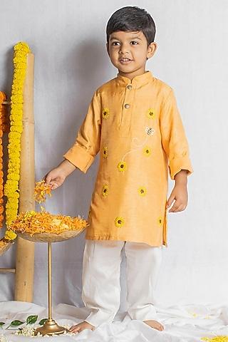 peachish orange bemberg silk floral hand embroidered kurta set for boys