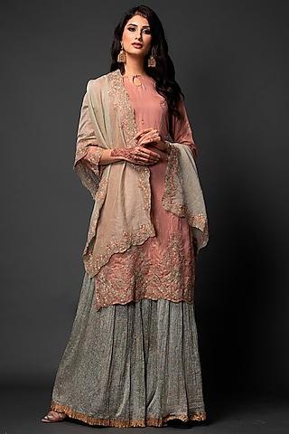 peachish pink embroidered kurta set