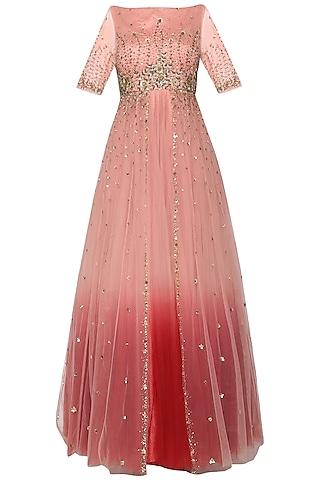 peachish pink net embroidered gown for girls