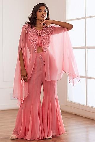 peachish-pink organza embellished cape set