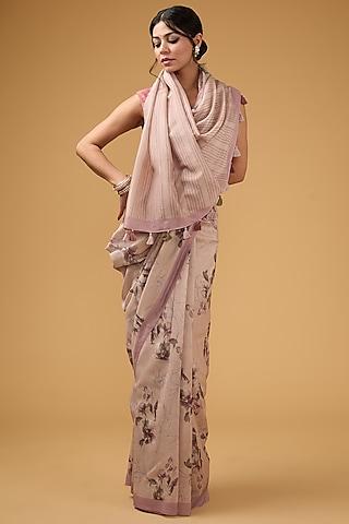 peachish pink viscose floral digital printed saree set