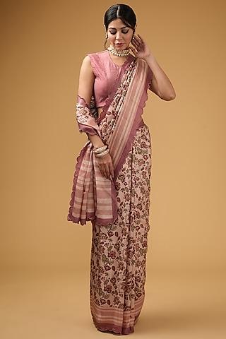 peachish pink viscose floral digital printed scalloped saree set