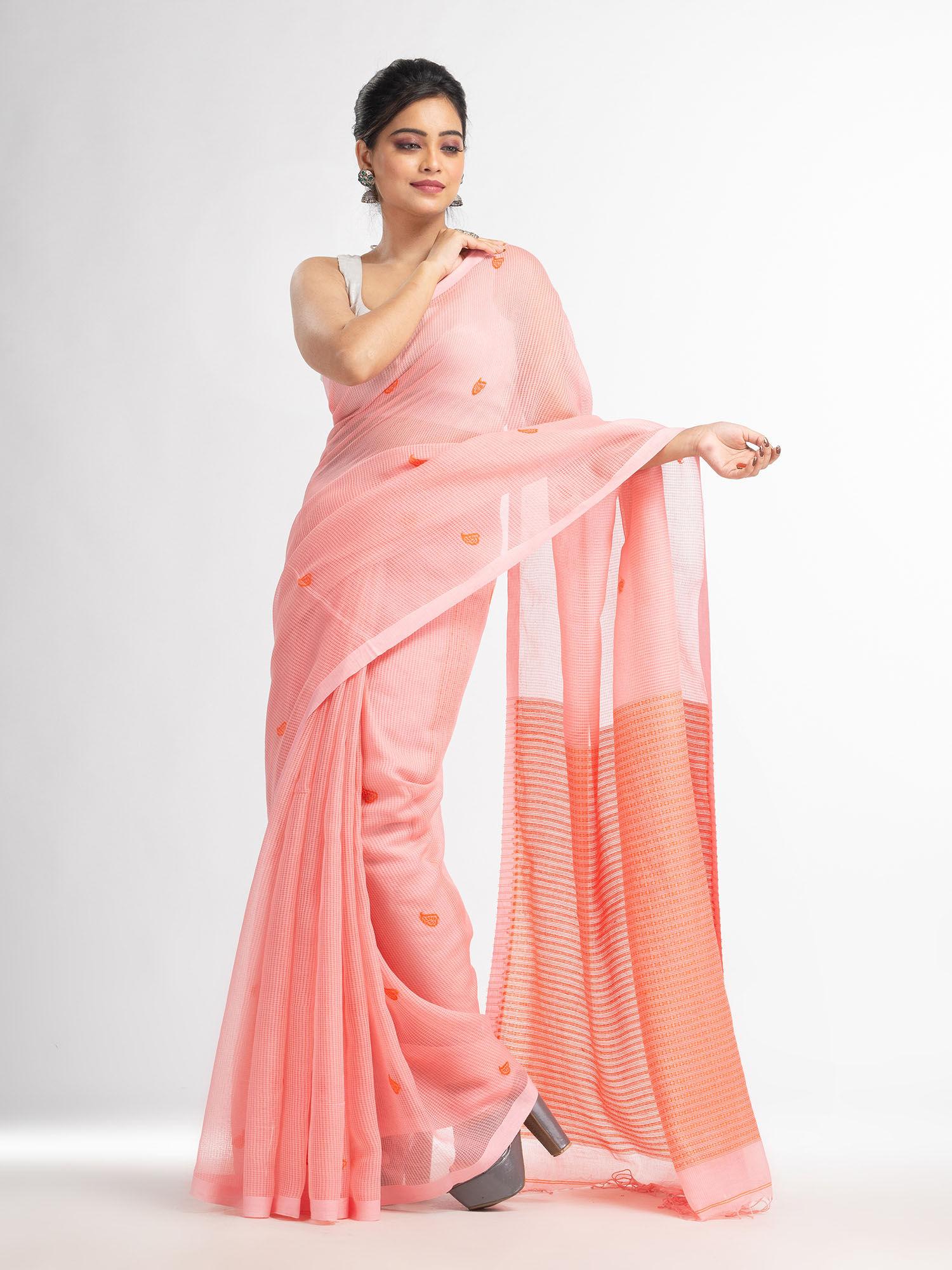 peachmod resham cotton kota check buti jacquard pallu saree with unstitched blouse