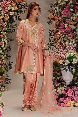 peachy pink chanderi resham work kurta set