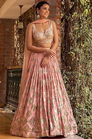 peachy pink embroidered lehenga set