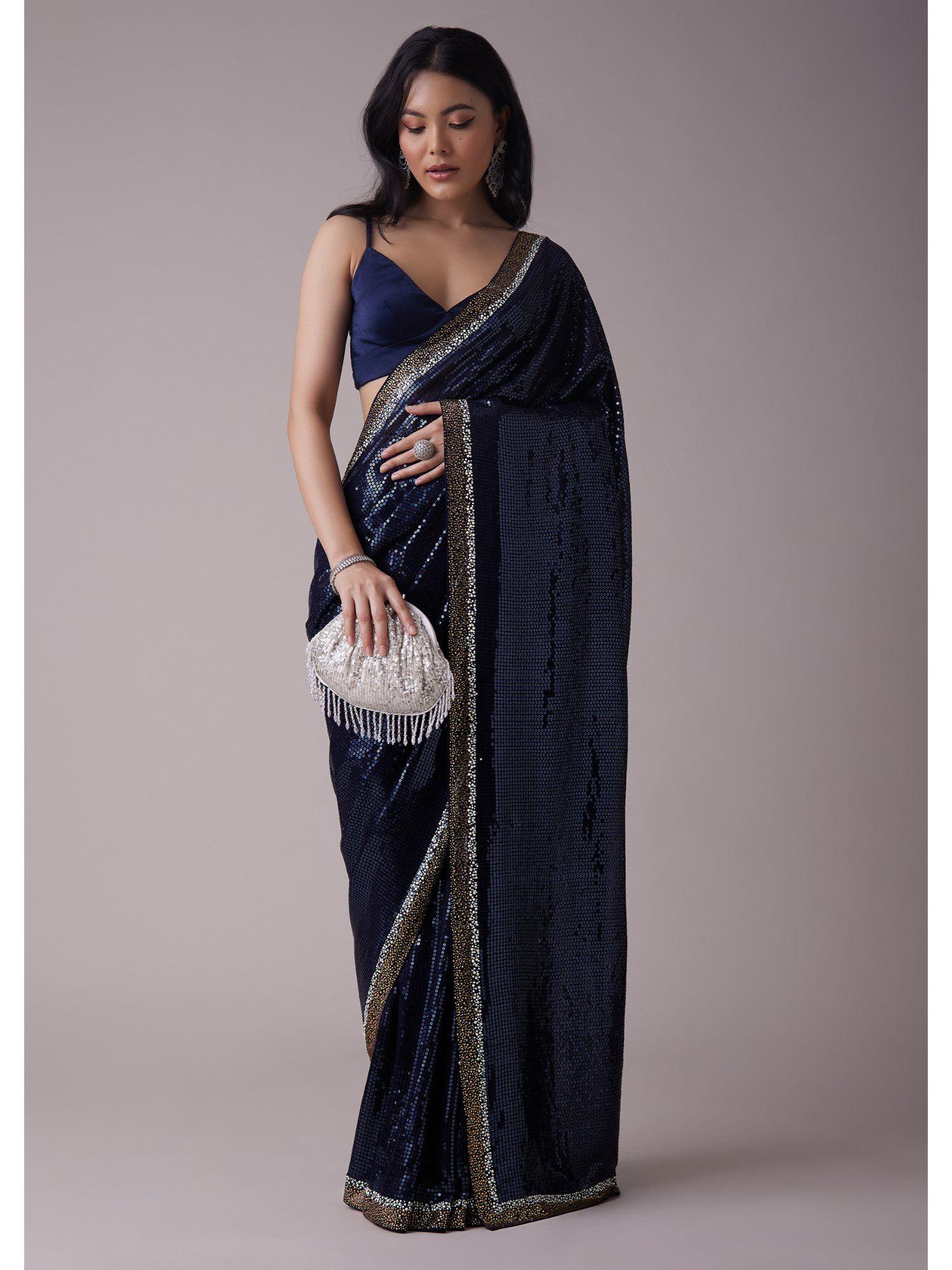 peacoat blue sequins saree with an embellished border with unstitched blouse