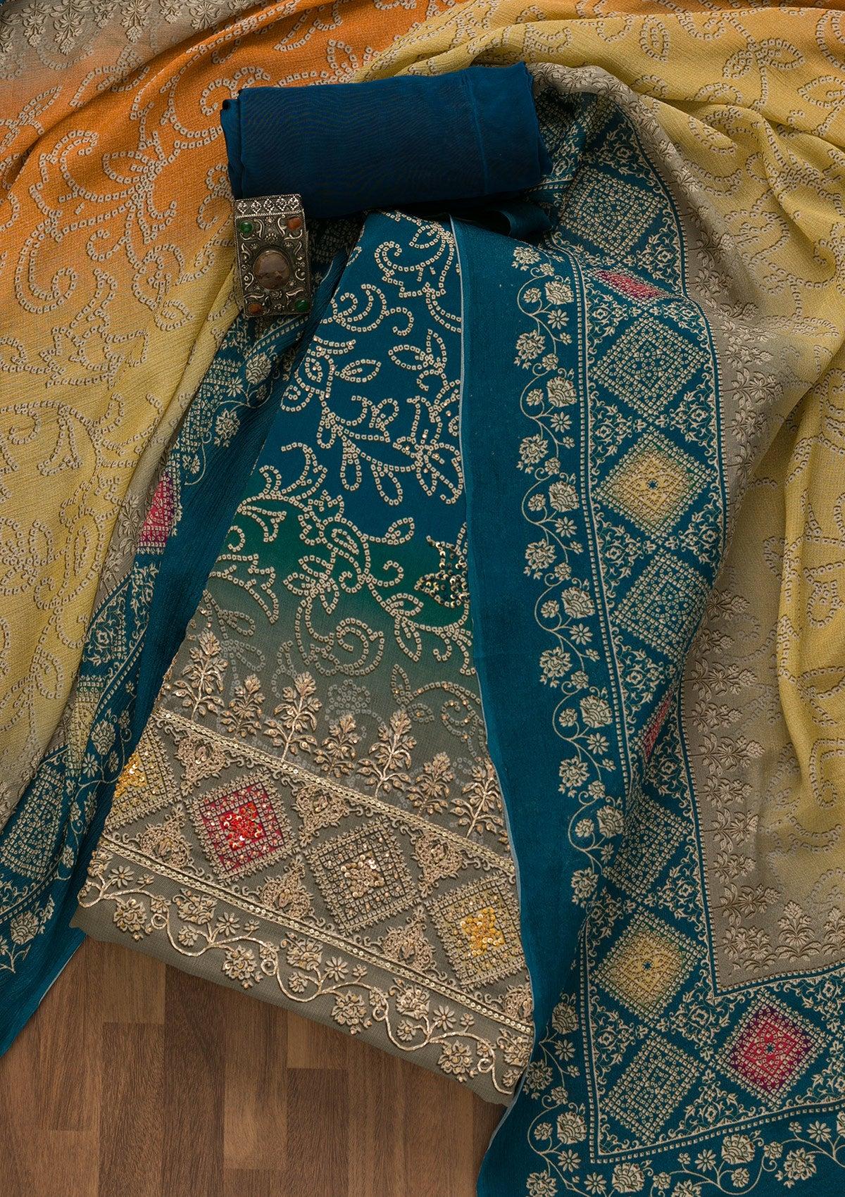 peacock blue bandhani crepe unstitched salwar suit