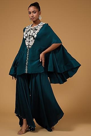 peacock-blue-georgette-thread-work-cape-set