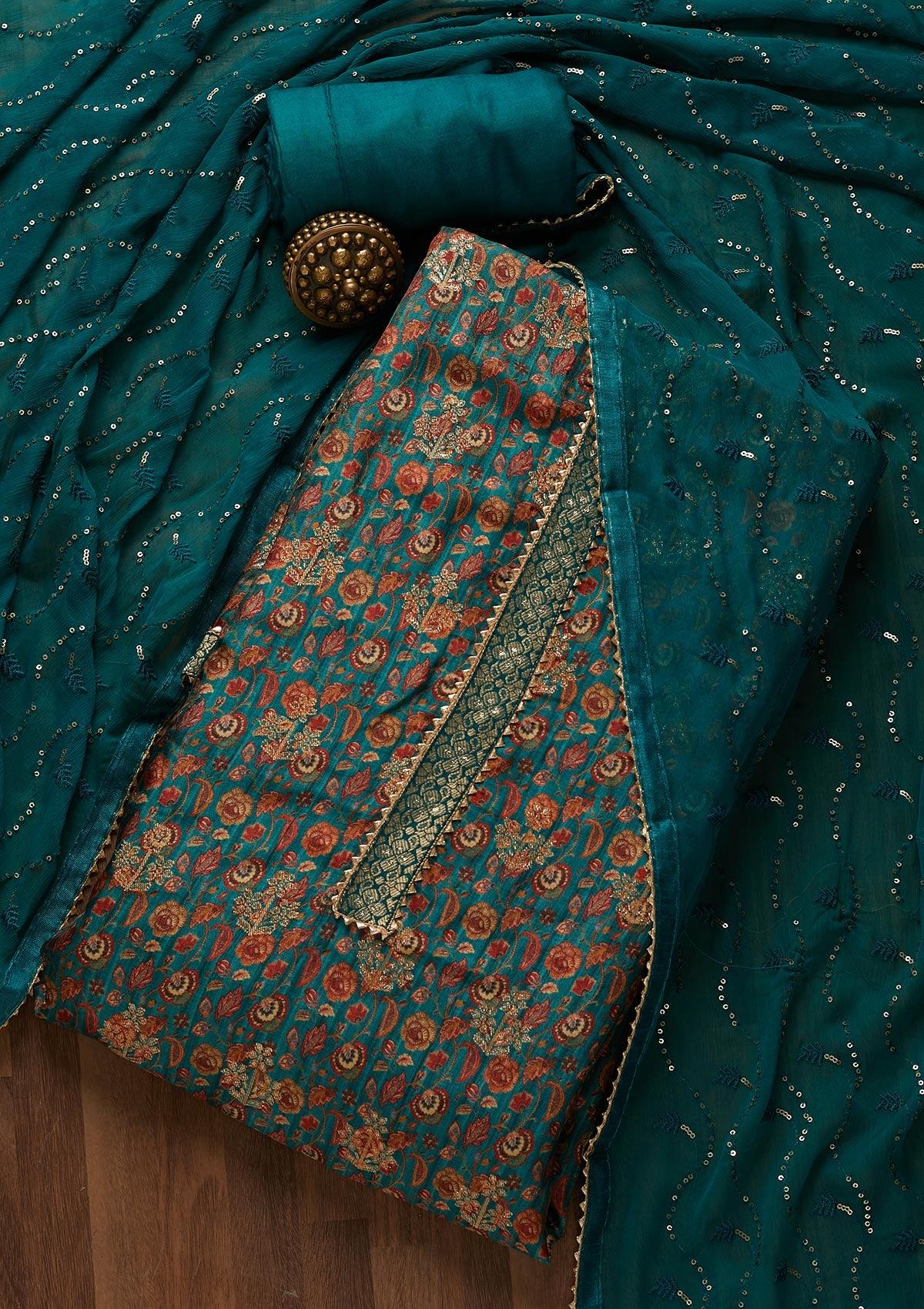 peacock blue printed semi crepe  semi stitched salwar suit