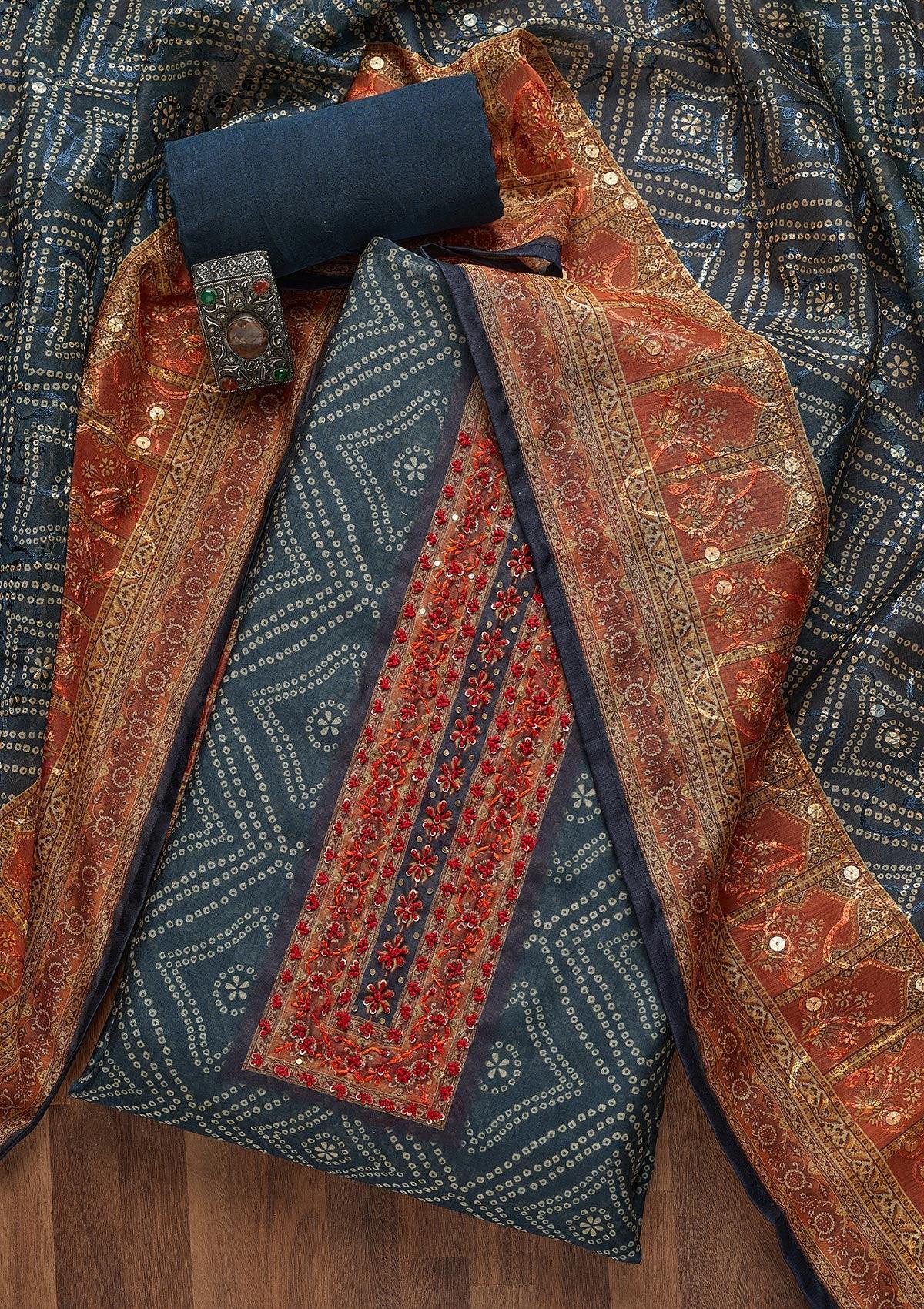 peacock blue threadwork chanderi unstitched salwar suit
