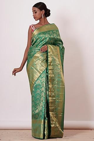 peacock green embroidered handwoven saree set