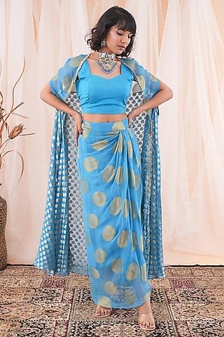 peacock blue banarasi georgette embroidered kaftan cape set