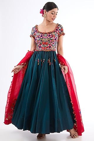 peacock blue chanderi anarkali set