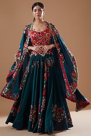 peacock blue chanderi embroidered jacket lehenga set