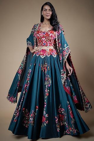 peacock blue chanderi embroidered jacket lehenga set