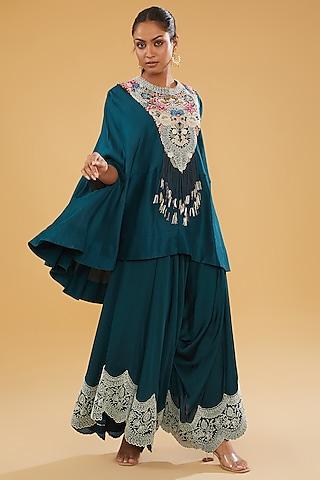 peacock blue china dupion thread work cape set