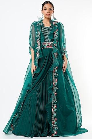 peacock blue drape gown with cape