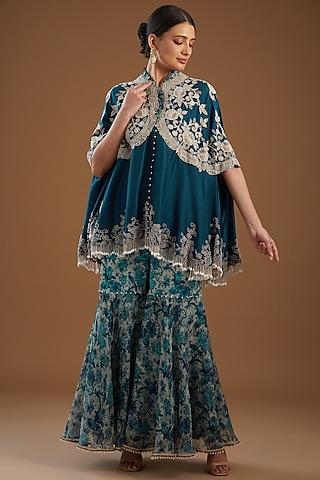 peacock blue dupion embroidered cape set